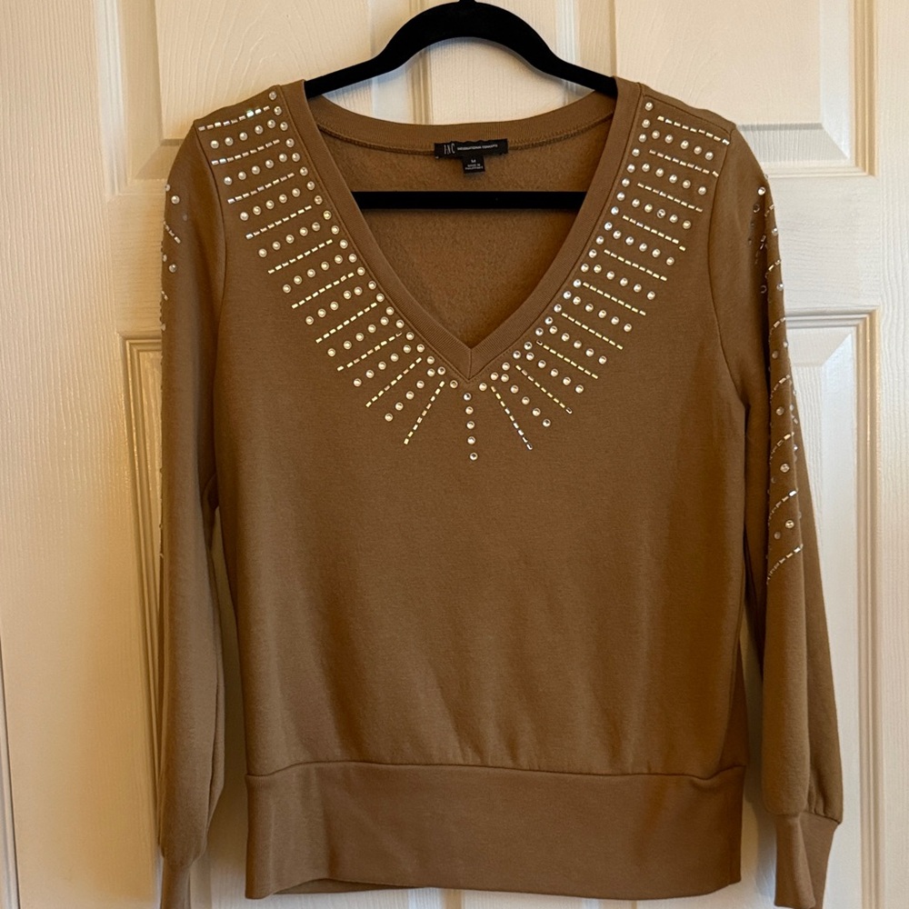 Elegant Brown V-Neck Sweatshirt with Studded Design
